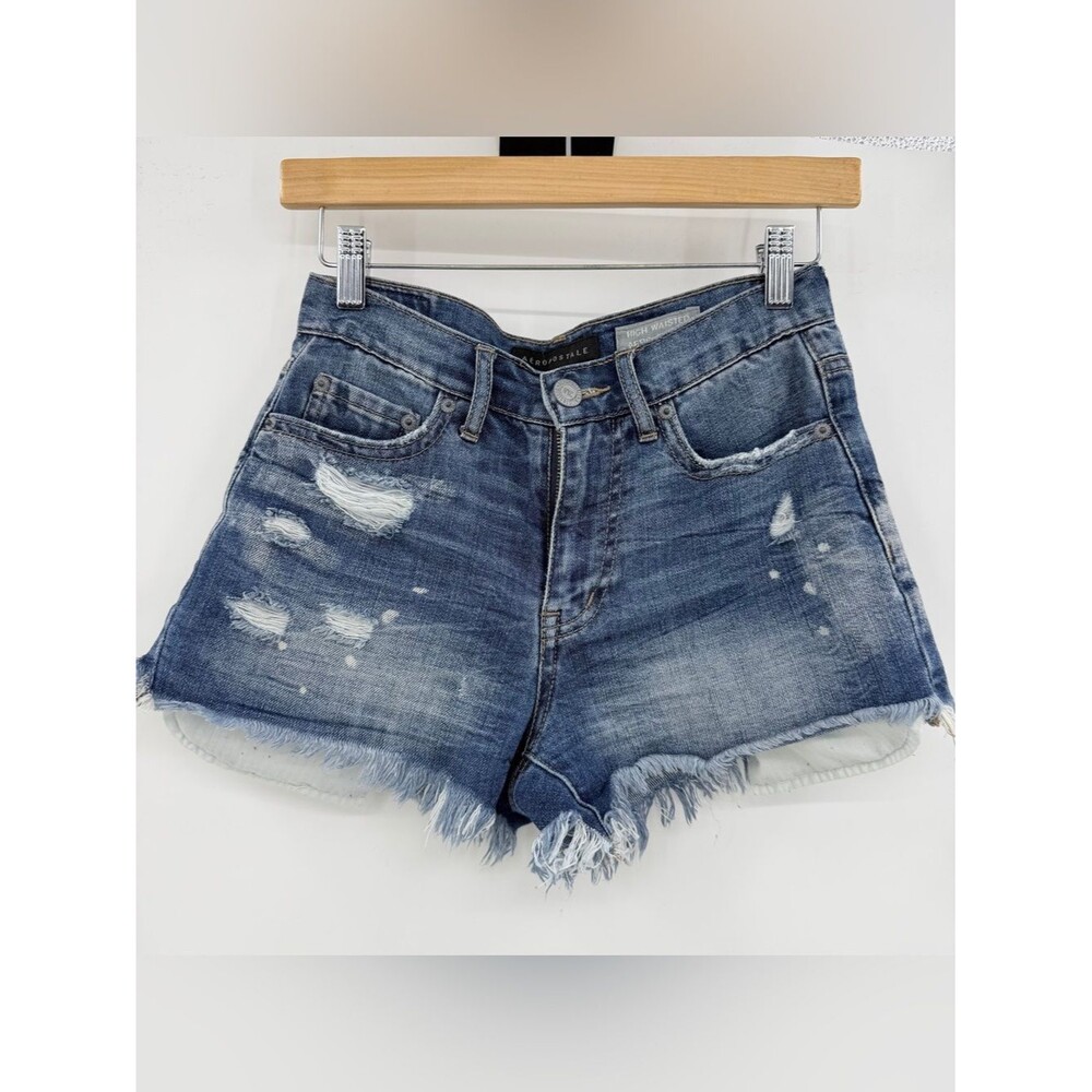 Aeropostale High Waisted Aero Cheeky Distressed Denim Shorts Blue Womens Size 0